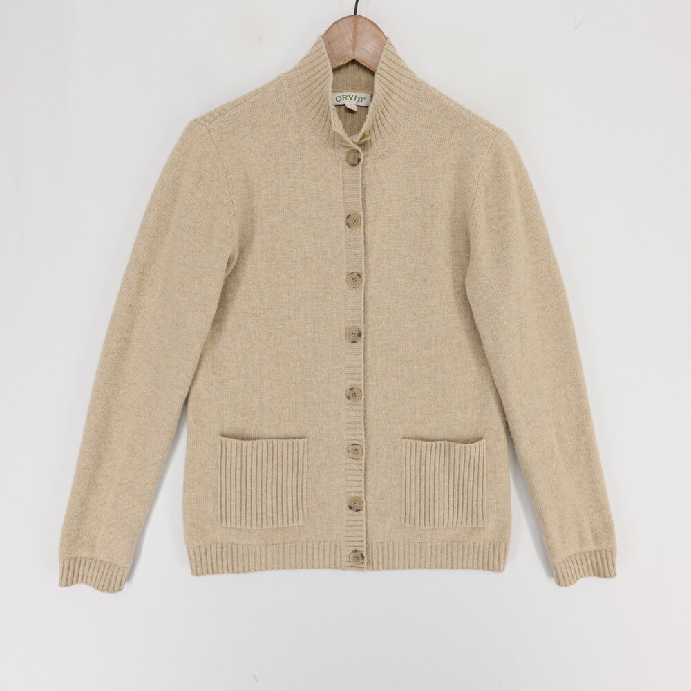 Orvis Cardigan Sweater Womens S Beige Heather Cashmere Mock Neck Button Front